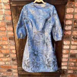 Teri Jon Blouson-Sleeve Metallic Jacquard Midi Dress